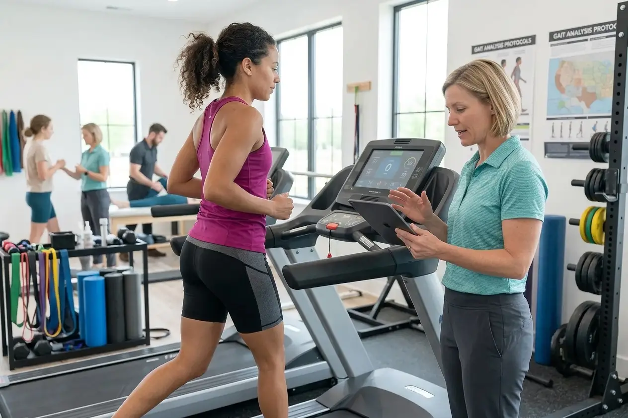Physical therapist reviewing a runner's treadmill gait analysis on a tablet