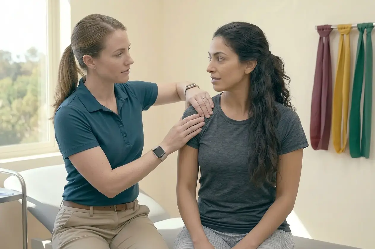 Physical therapist assessing a seated patient's shoulder